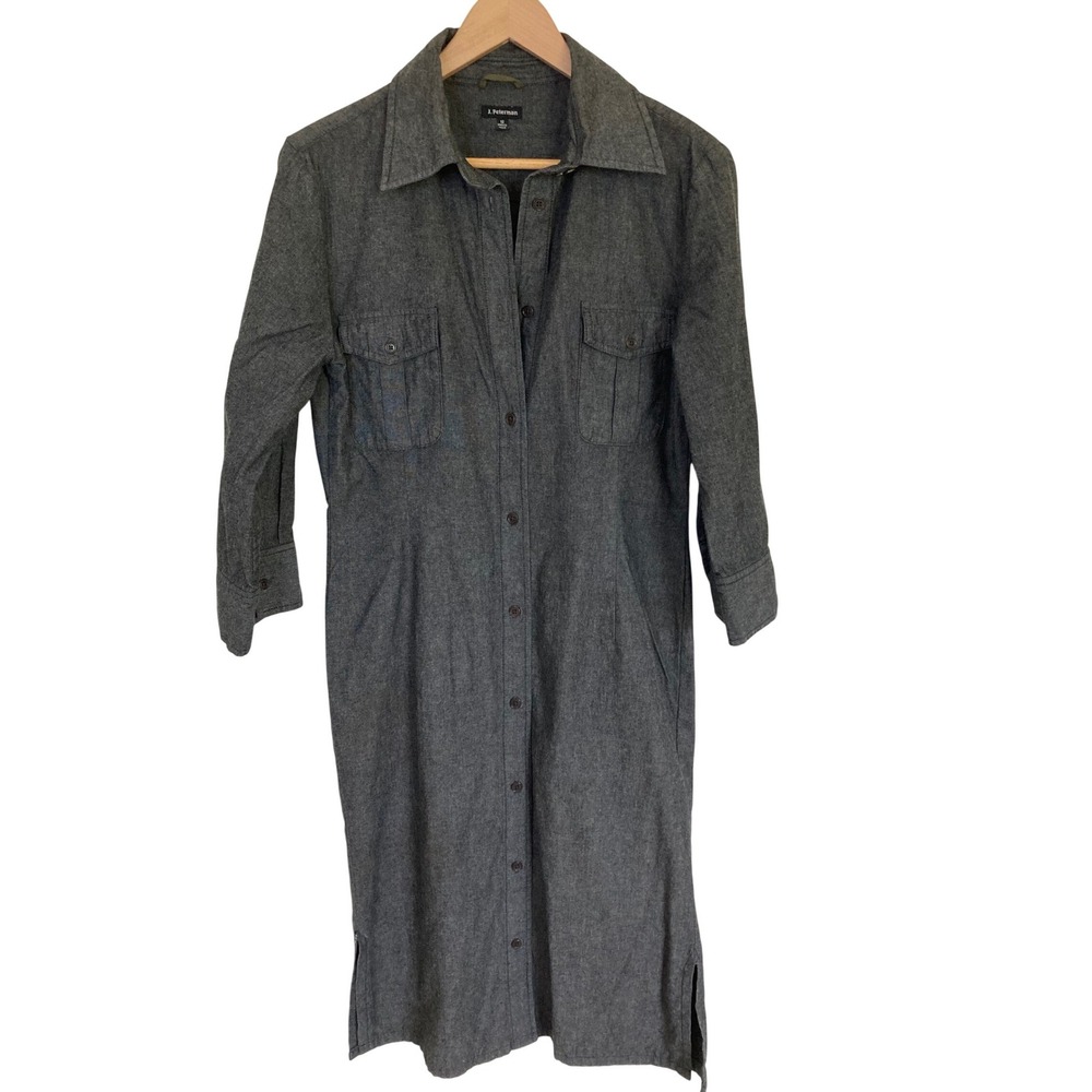 J. Peterman Womens Grey Cotton Chambray Button Front Midi Shirt Dress Size 12